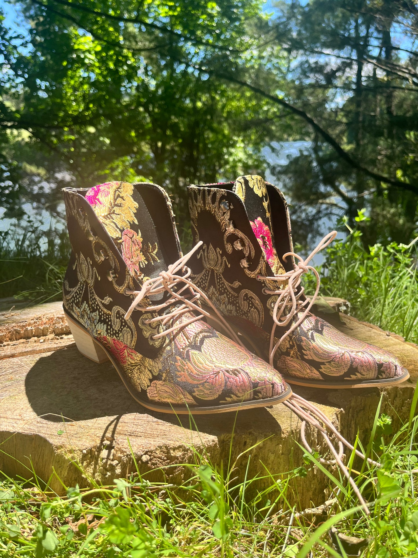Black Floral Embroidered Ankle Western Boots