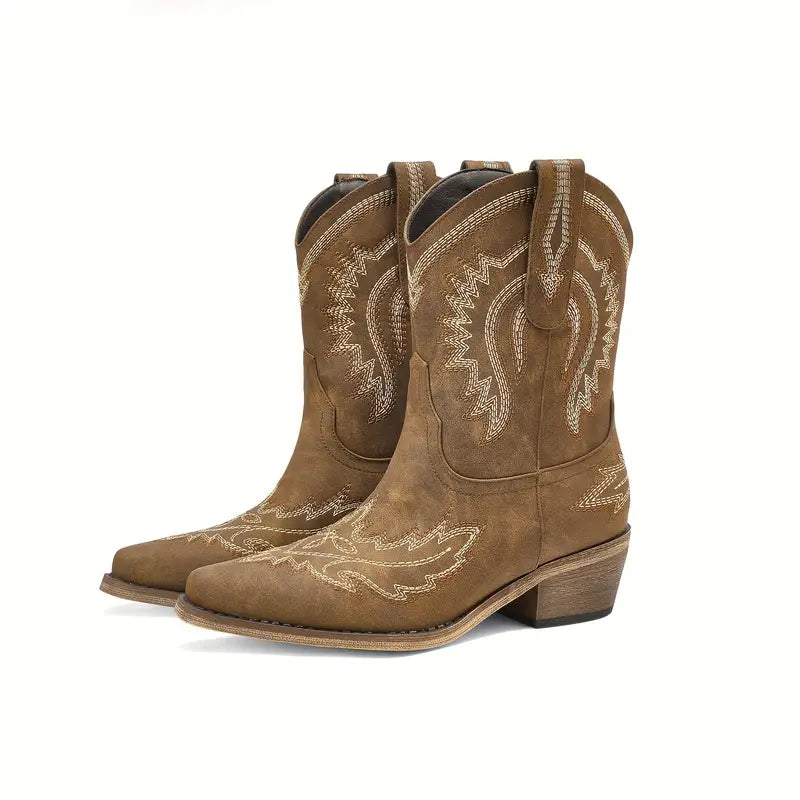 Brown Embroidered Short Cowgirl Boots