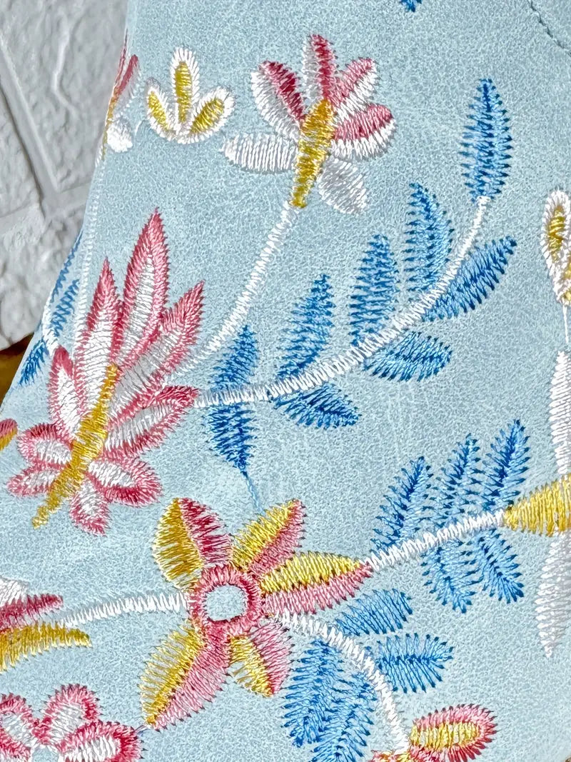 Blue Flower Embroidered Ankle Cowgirl Boots