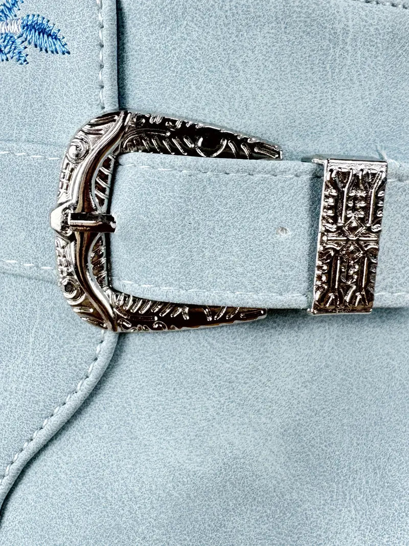 Blue Flower Embroidered Ankle Cowgirl Boots