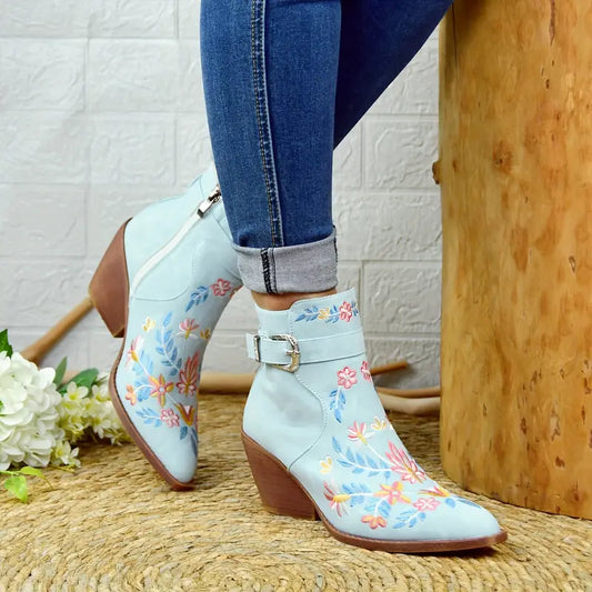 Blue Flower Embroidered Ankle Cowgirl Boots