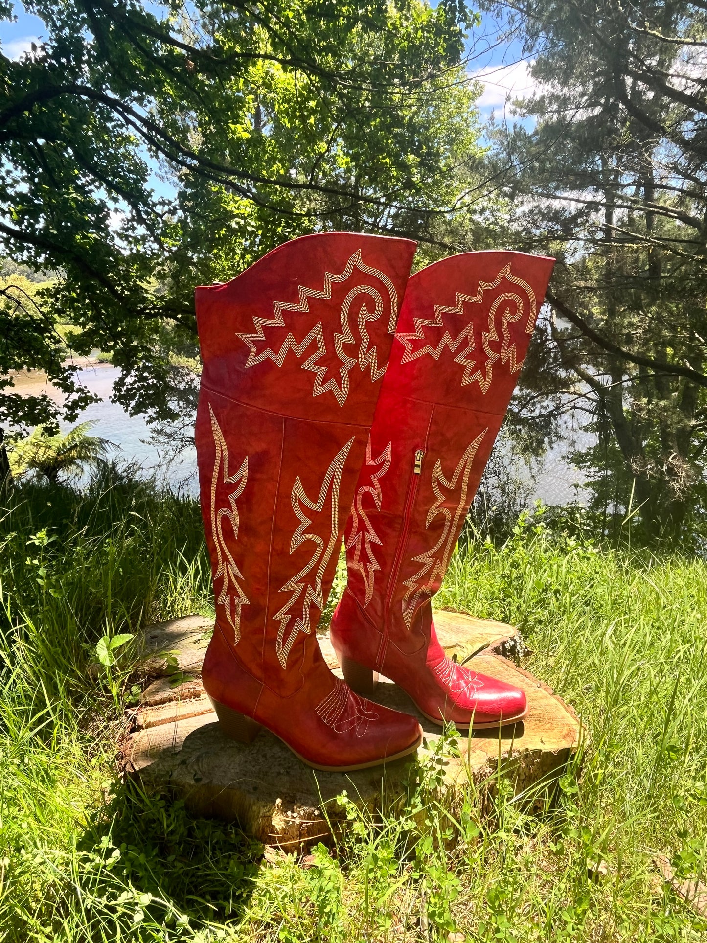 Red Embroidered Over The Knee Cowgirl Boots