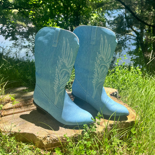Light Blue Embroidered Cowgirl Boots