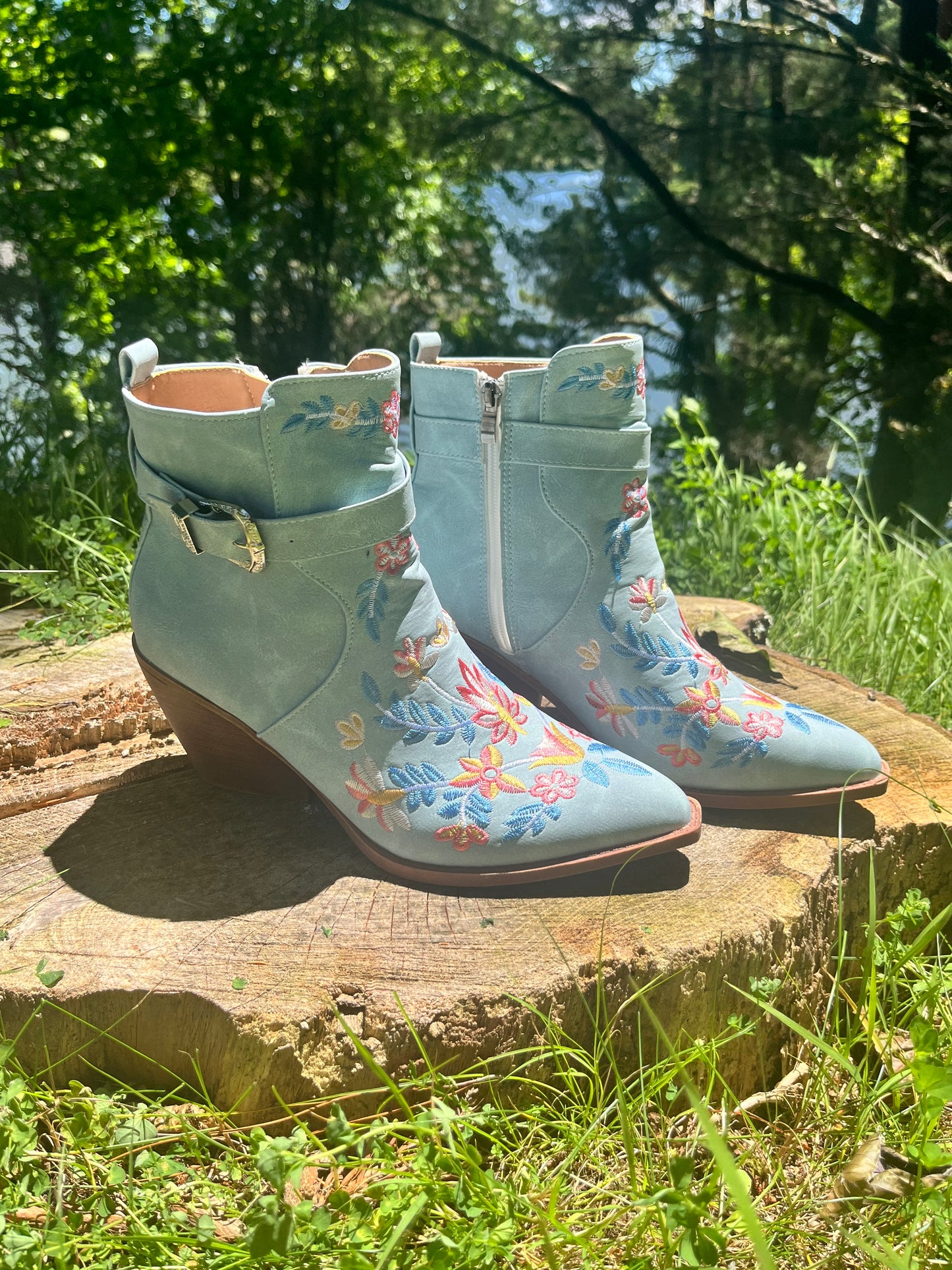 Blue Flower Embroidered Ankle Cowgirl Boots
