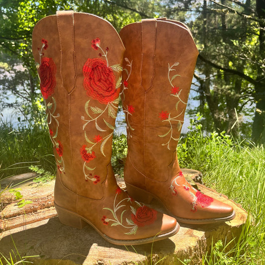 Rose Embroidered Cowgirl Boots