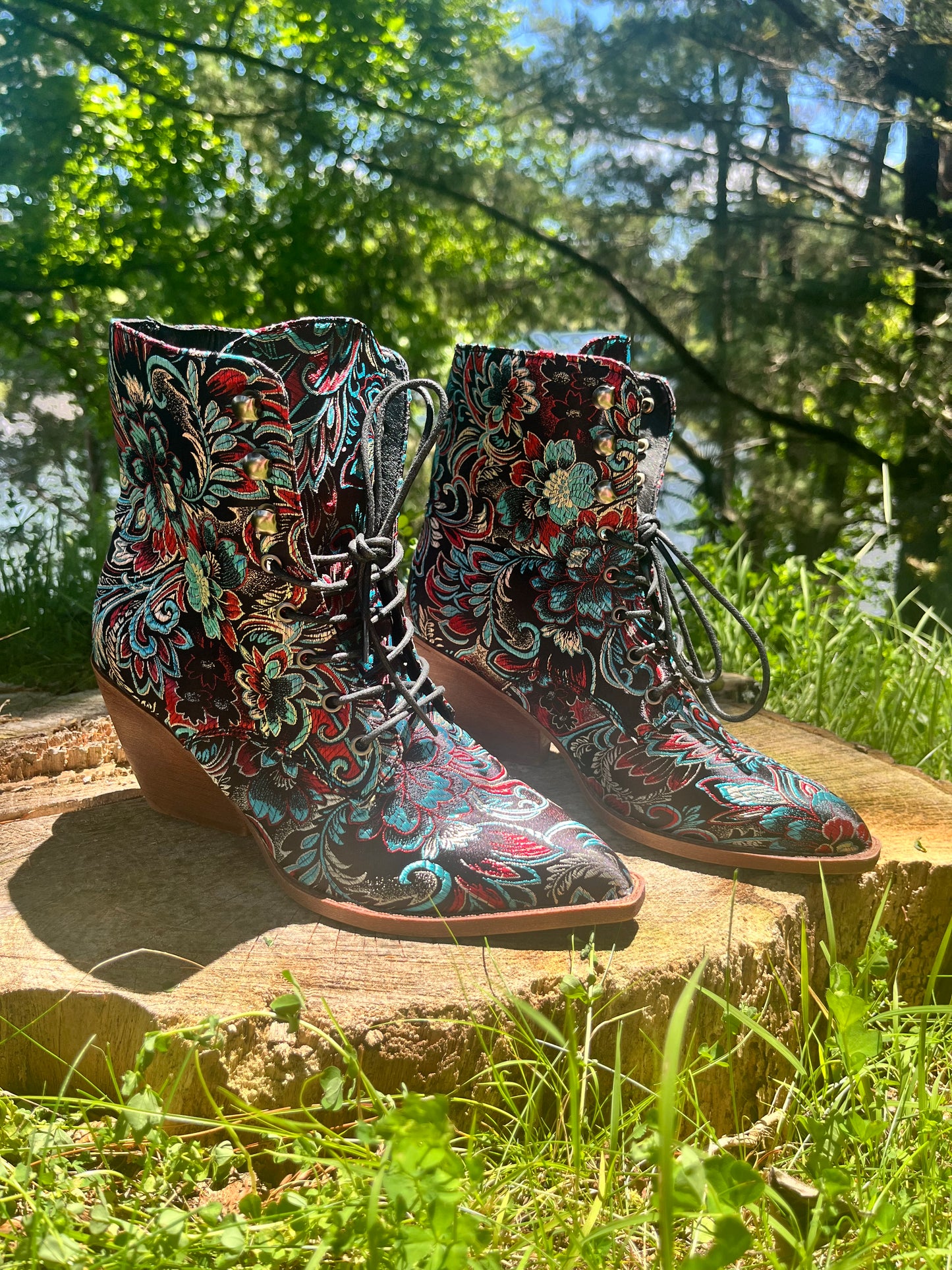 Deep Blue Floral Western Lace Up Boots