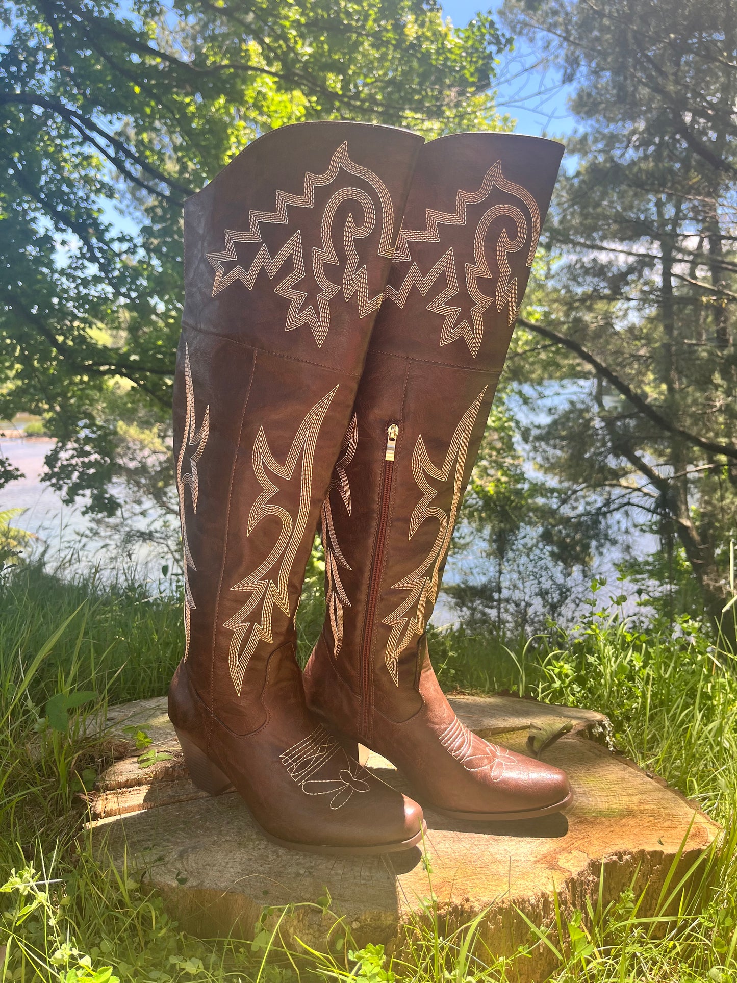Brown Embroidered Over The Knee Cowgirl Boots