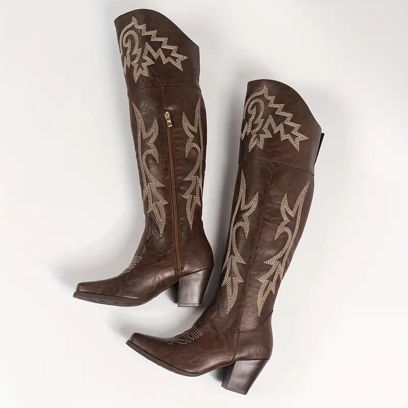 Brown Embroidered Over The Knee Cowgirl Boots