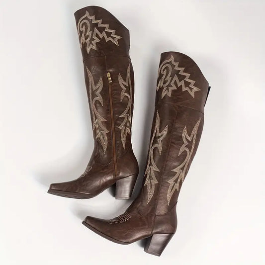 Brown Embroidered Over The Knee Cowgirl Boots