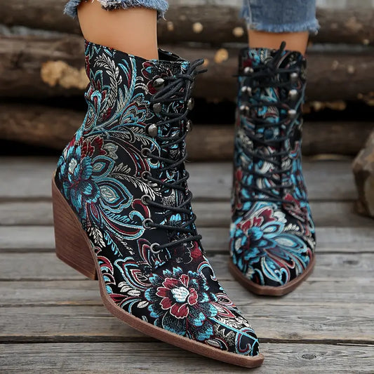 Deep Blue Floral Western Lace Up Boots