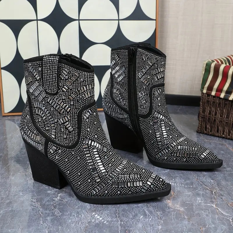 Black Rhinestone Ankle Cowgirl Boots