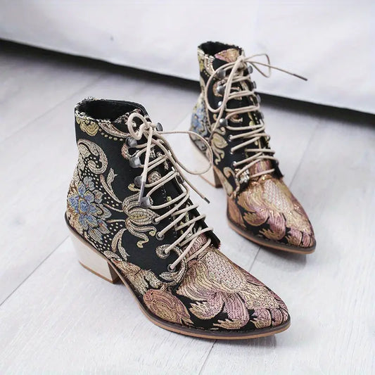 Black Floral Embroidered Ankle Western Boots