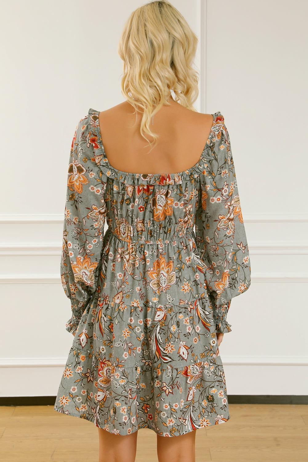 Floral Long Sleeve Frilled U-Neck Ruffled Dress – Western Girl