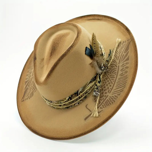 Khaki Fedora With Faux Feathers
