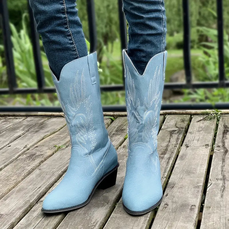 Light Blue Embroidered Cowgirl Boots